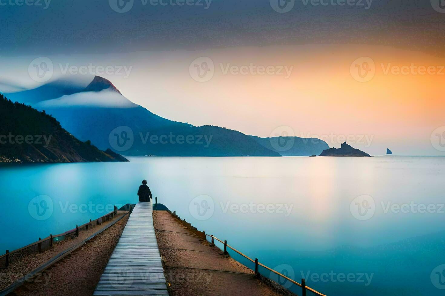 a man stands on a pier looking out over the ocean. AI-Generated photo