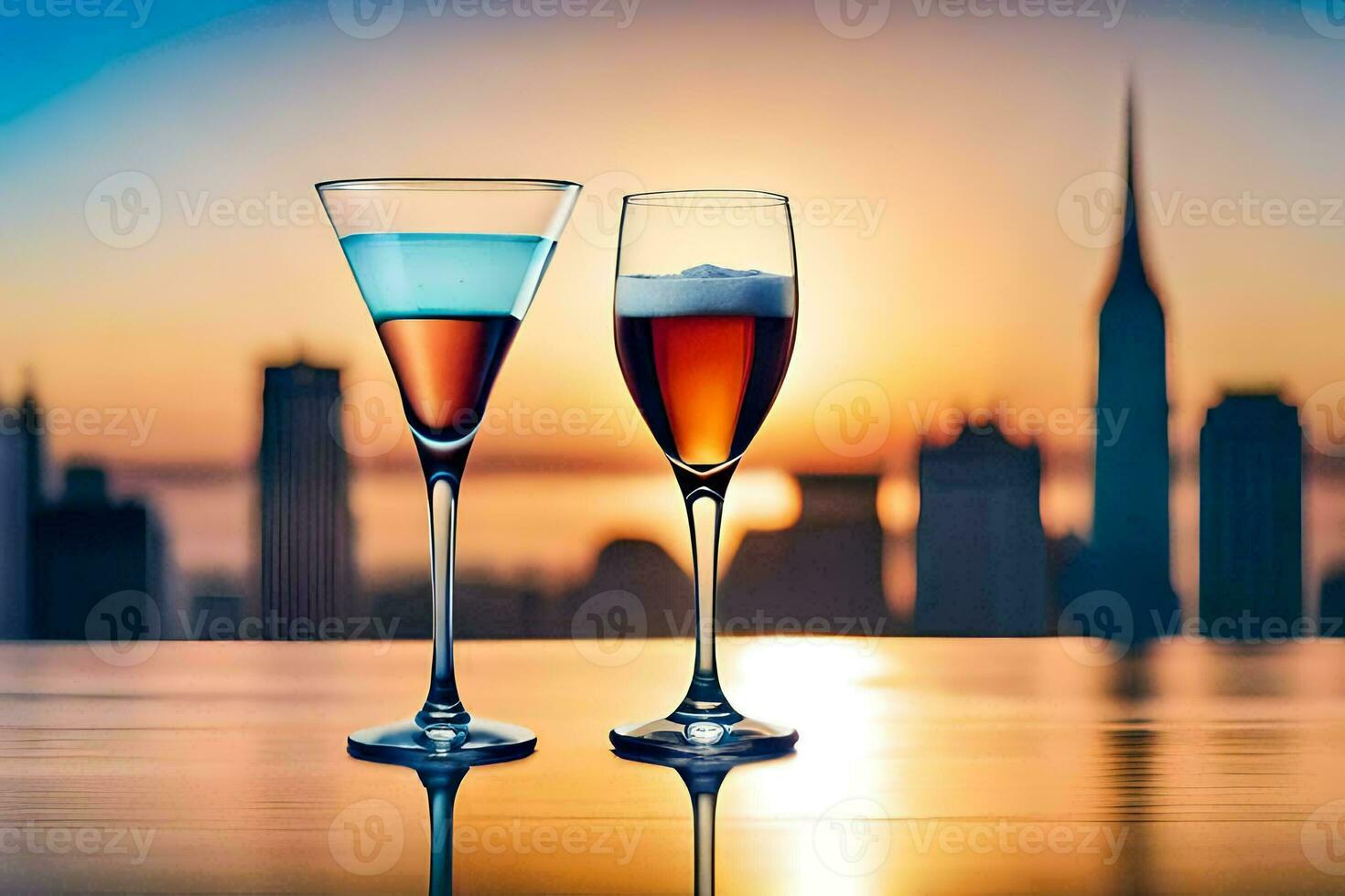 two glasses of wine with the city skyline in the background. AI-Generated photo