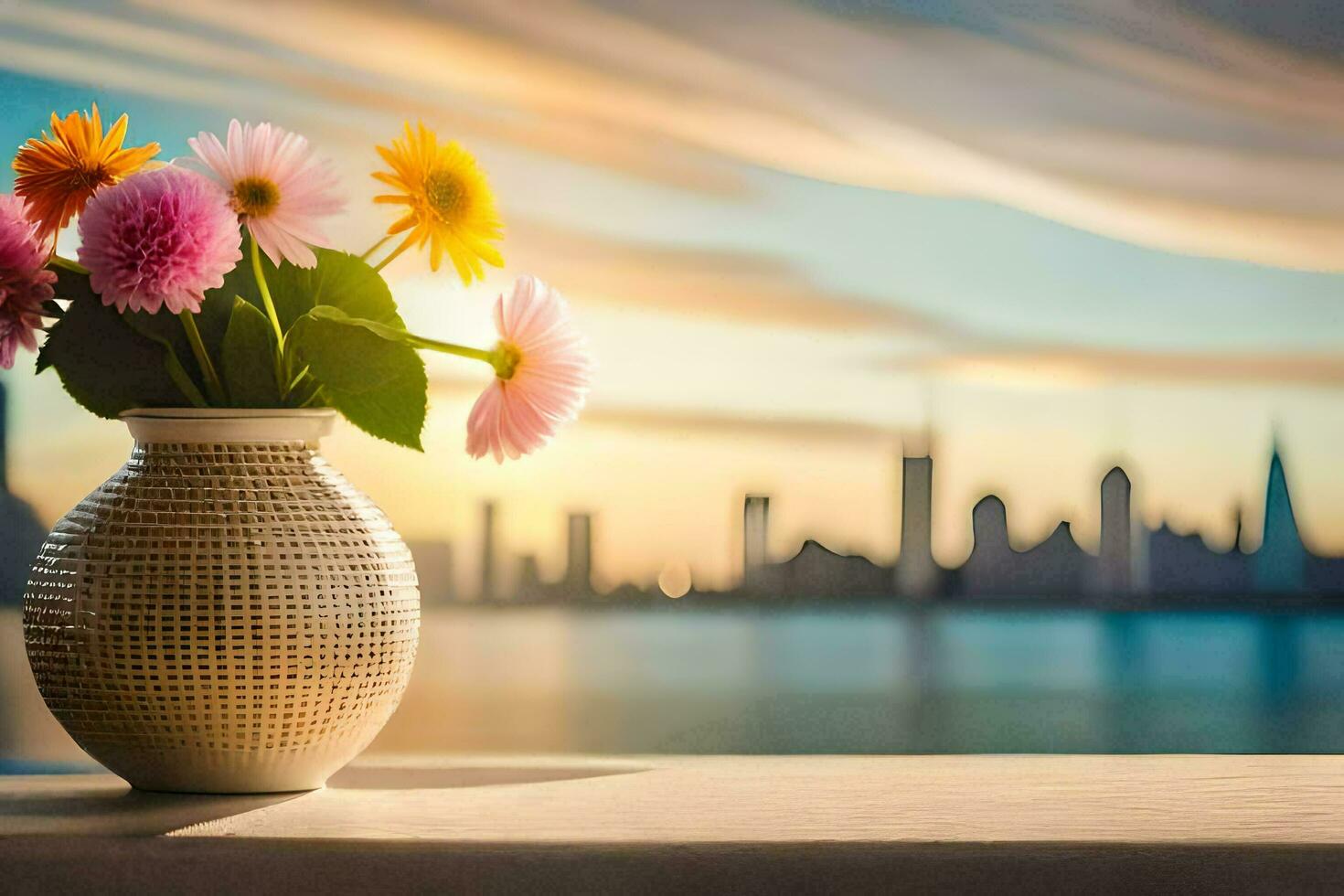 flowers in vase on table with city in background. AI-Generated photo