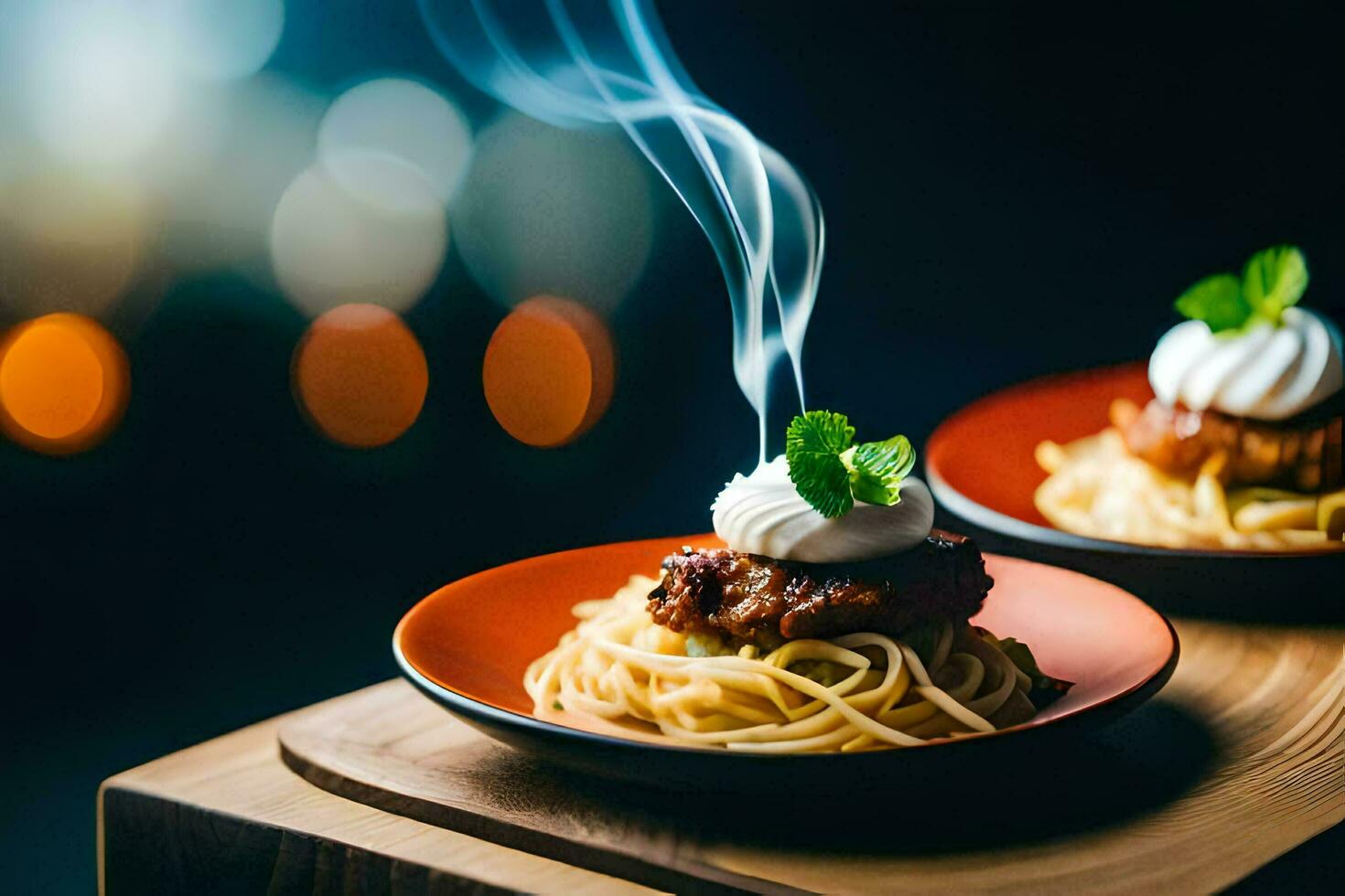spaghetti with cream and mint on a wooden table. AI-Generated photo