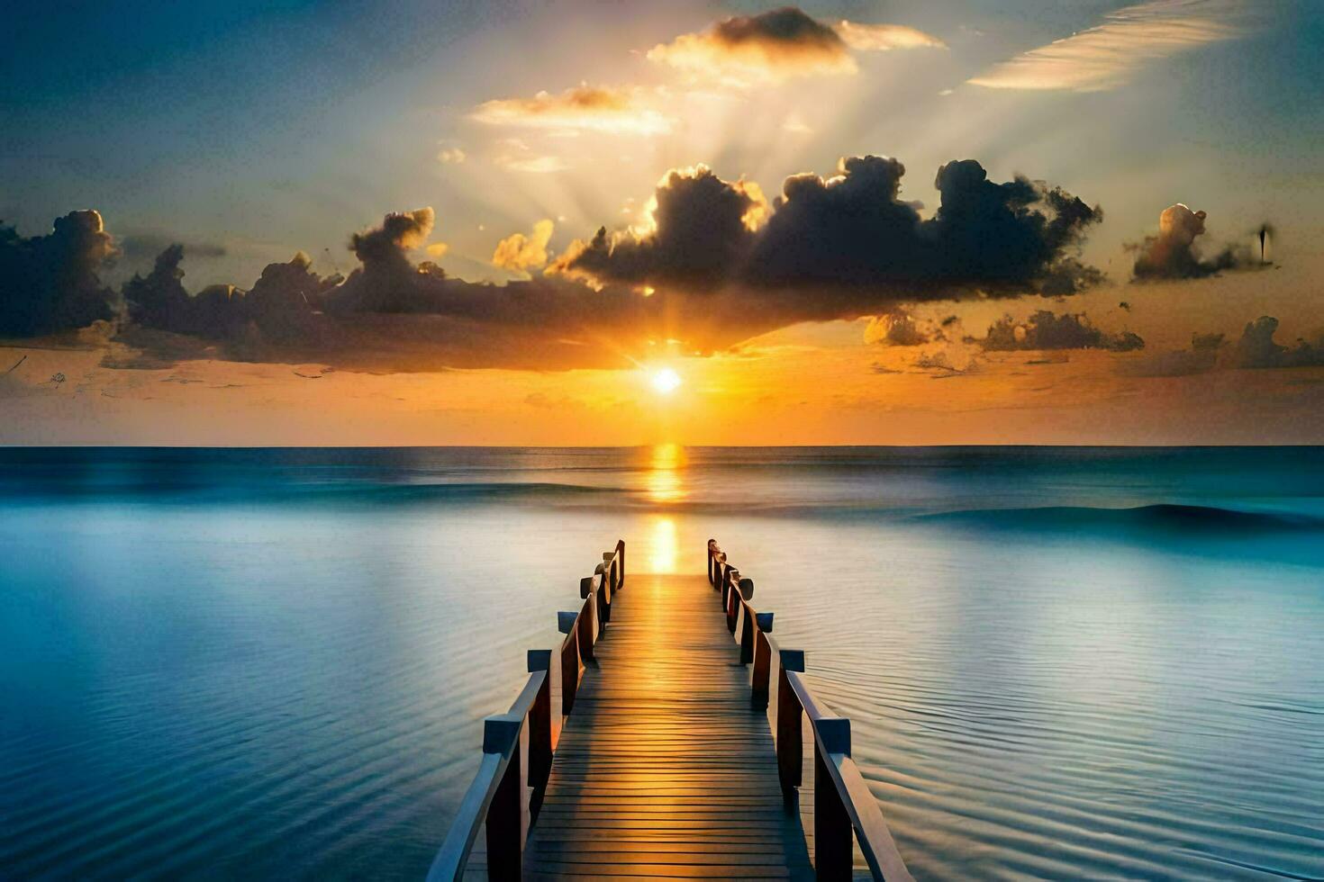 the sun rises over the ocean and pier. AI-Generated photo