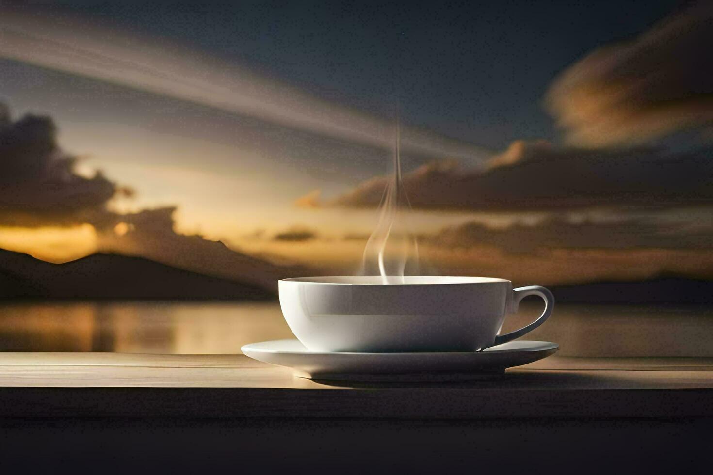 a cup of coffee on a table with a view of the sunset. AI-Generated photo