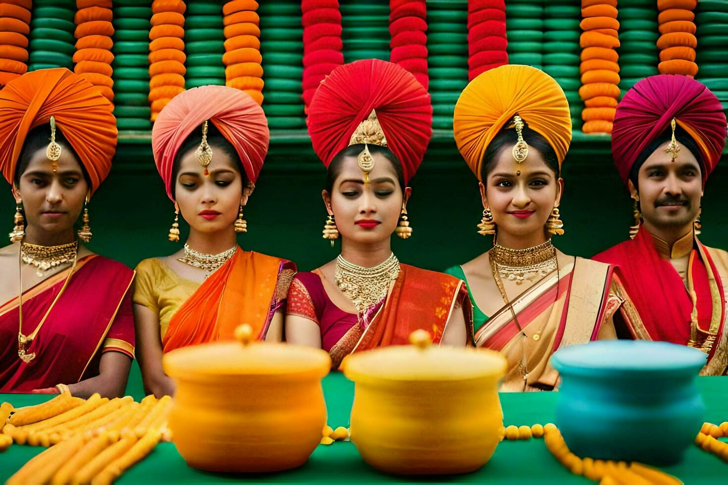 four women in colorful saris standing next to pots. AI-Generated photo