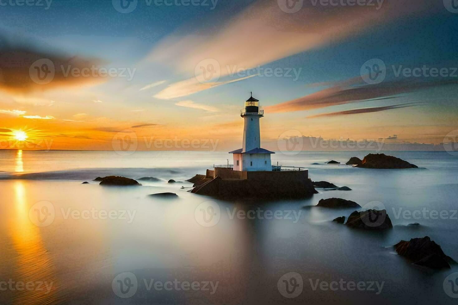 a lighthouse is shown at sunset with the sun setting behind it. AI-Generated photo