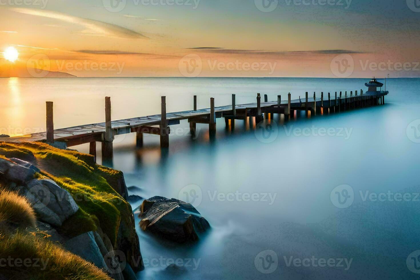 a long exposure photograph of a pier at sunset. AI-Generated photo
