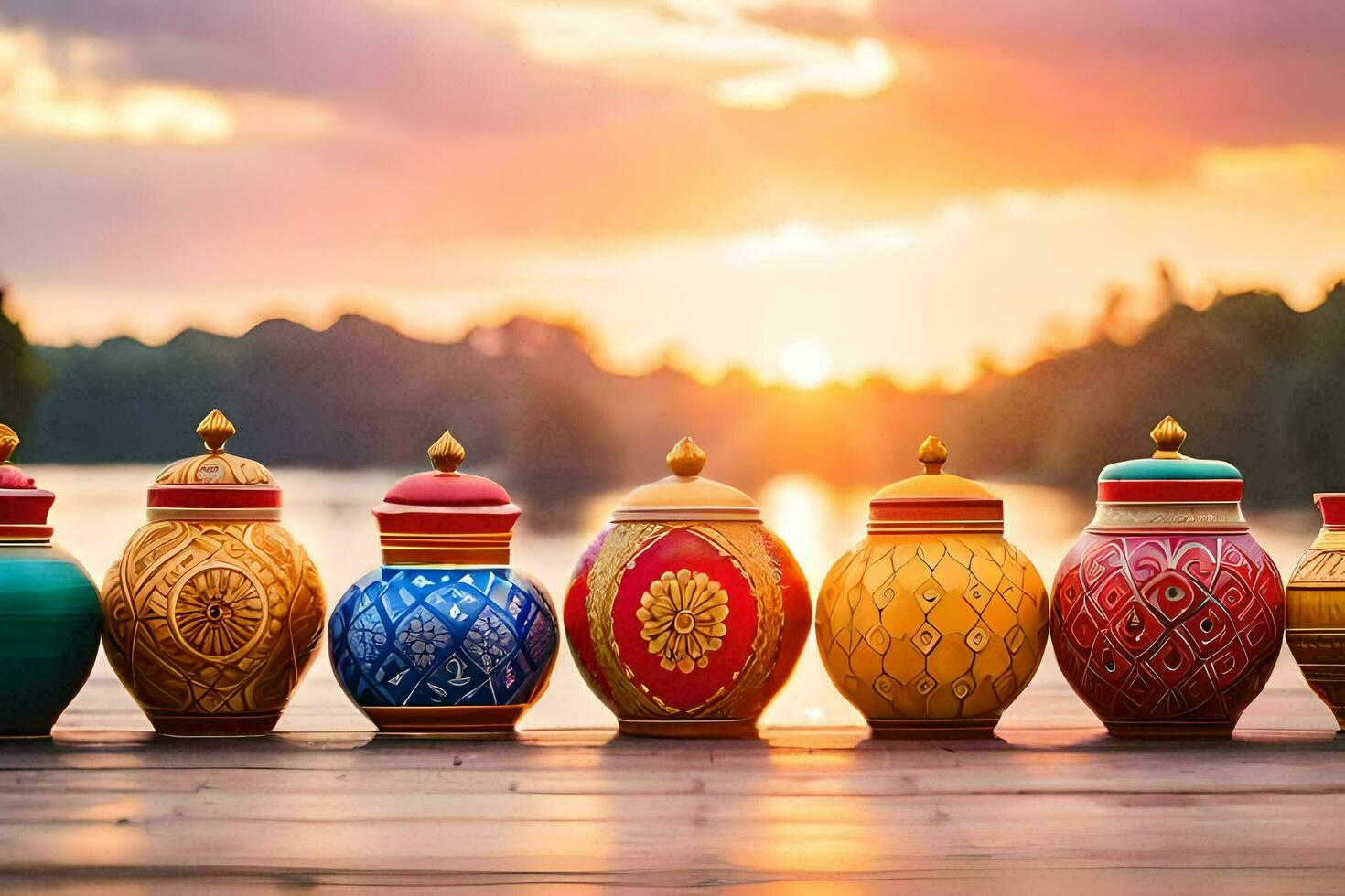 colorful vases lined up on a wooden table. AI-Generated photo