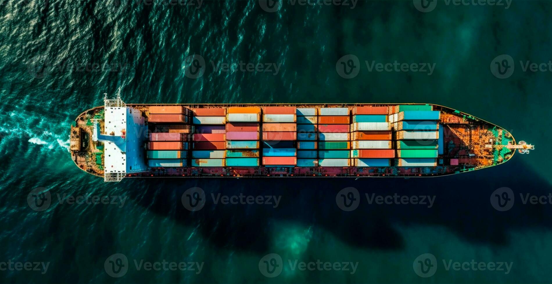 Top view of cargo sea ship with contrail in ocean ship carrying container - AI generated image photo