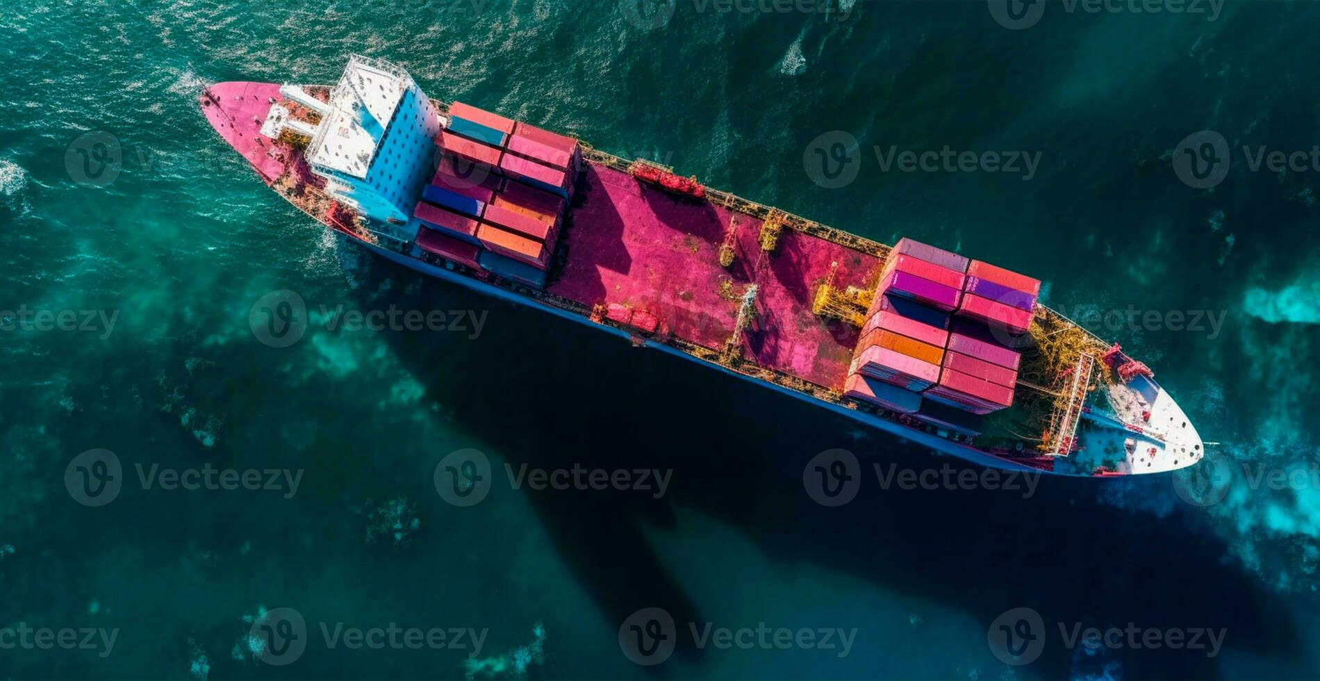 Top view of cargo sea ship with contrail in ocean ship carrying container - AI generated image photo