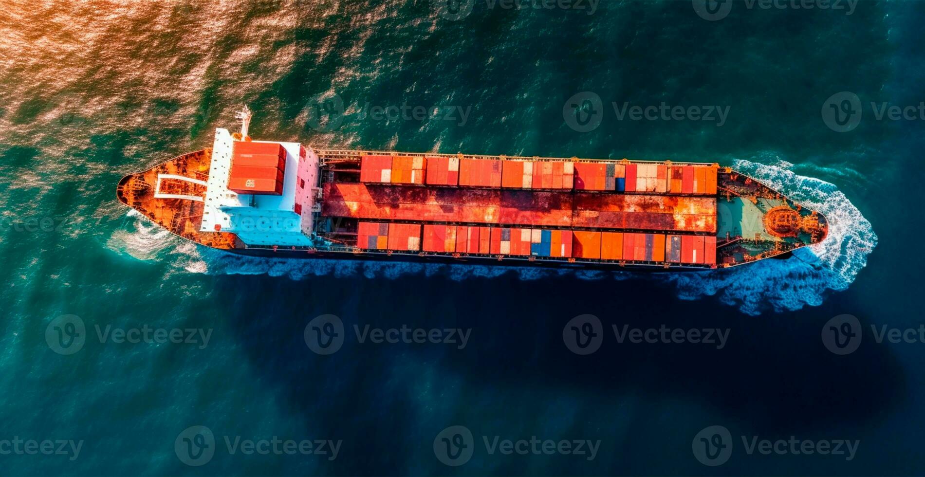 Top view of cargo sea ship with contrail in ocean ship at sunset carrying container - AI generated image photo