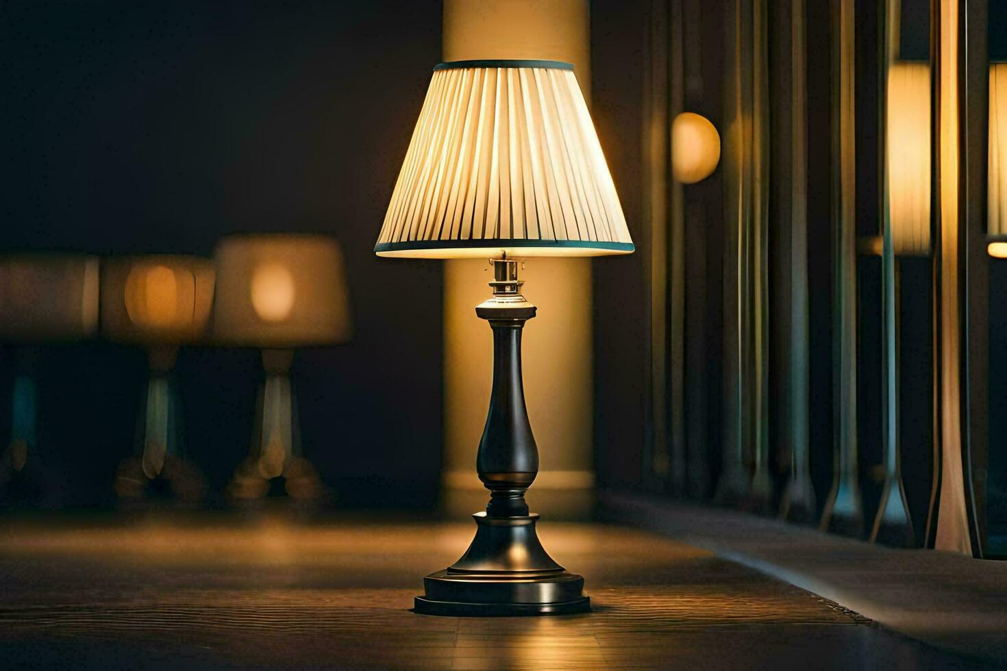 a lamp on a table in a dark room. AI-Generated photo