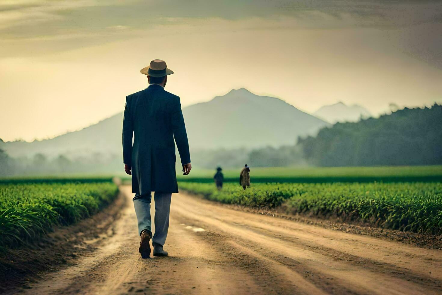 a man in a suit walks down a dirt road. AI-Generated photo