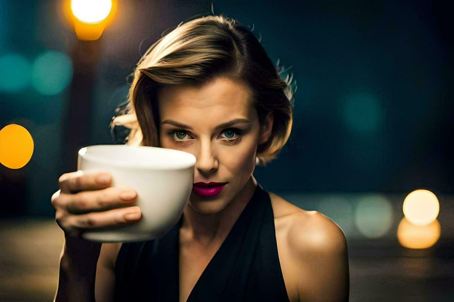 a woman holding a cup of coffee. AI-Generated photo