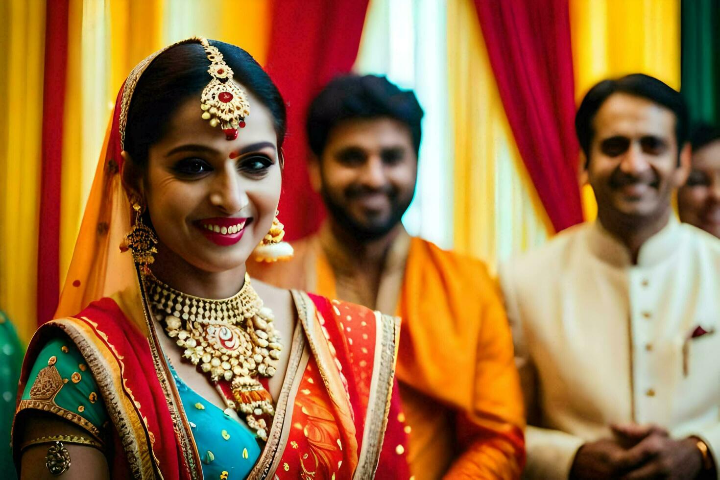 a bride in traditional indian attire smiles for the camera. AI-Generated photo