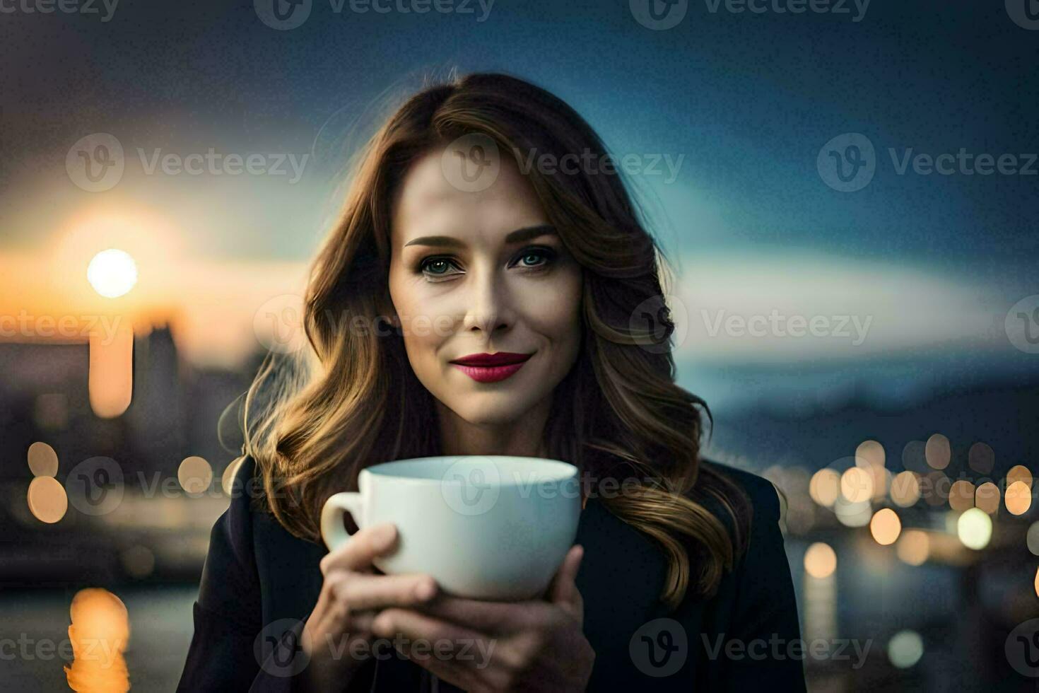 a woman holding a cup of coffee. AI-Generated photo