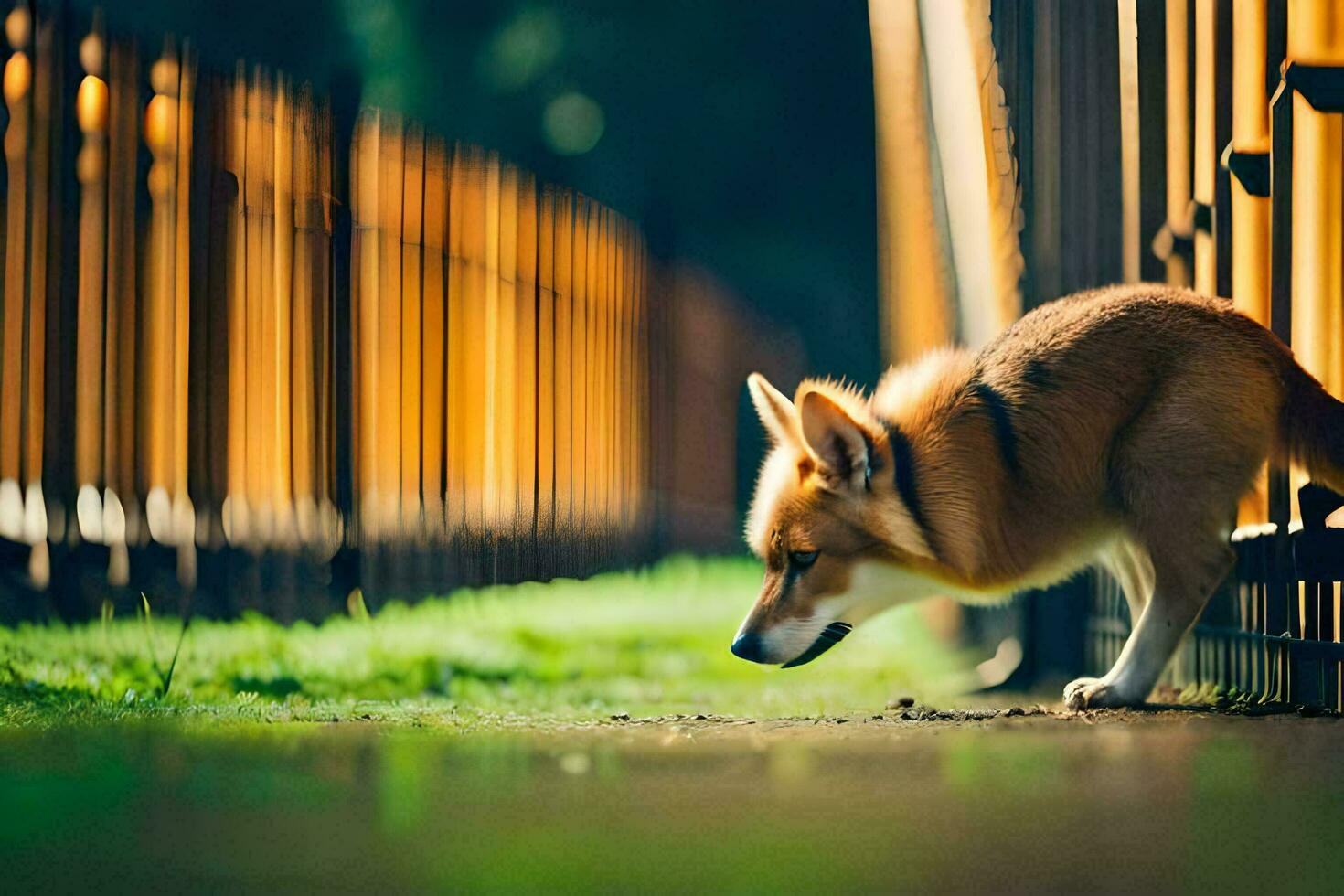 un perro olfateando el suelo cerca un cerca. generado por ai foto