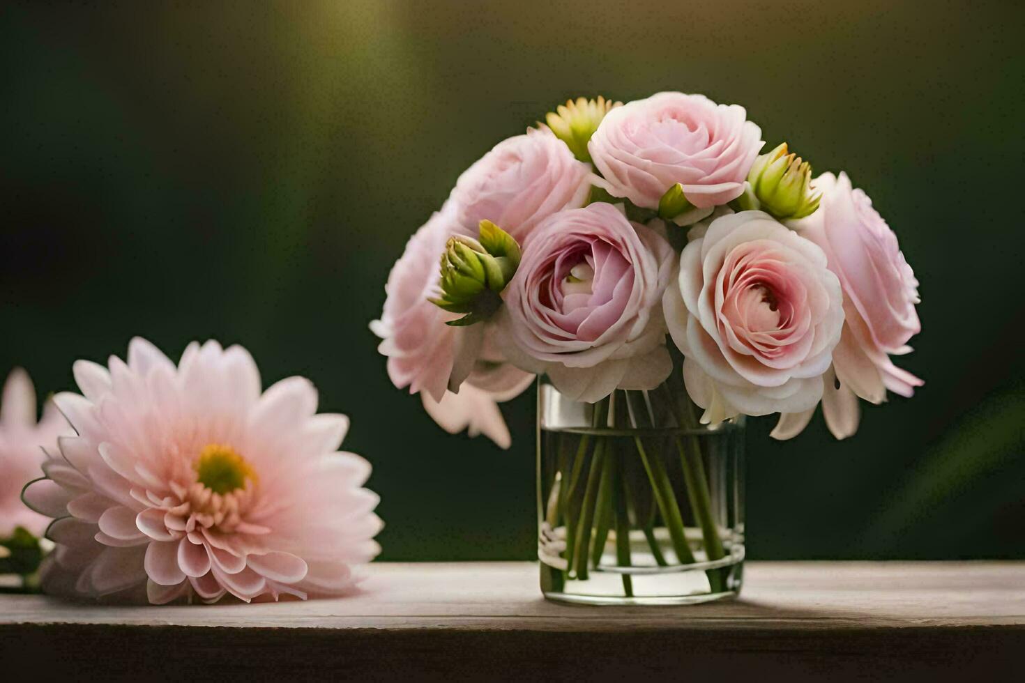 pink flowers in a vase on a table. AI-Generated photo
