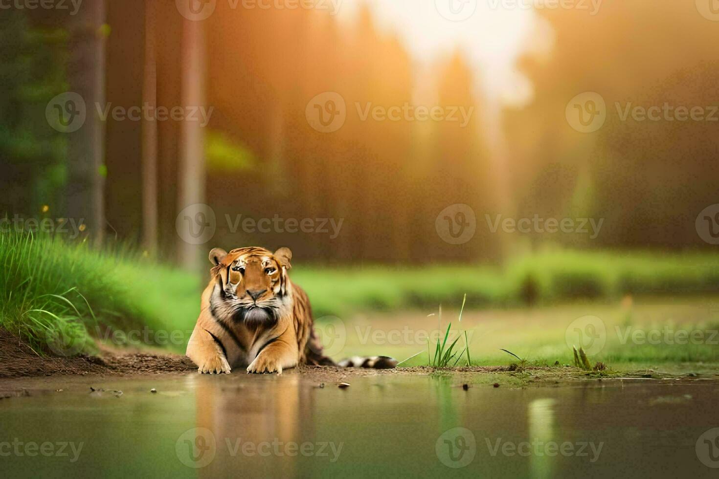 a tiger is walking along the edge of a pond. AI-Generated photo