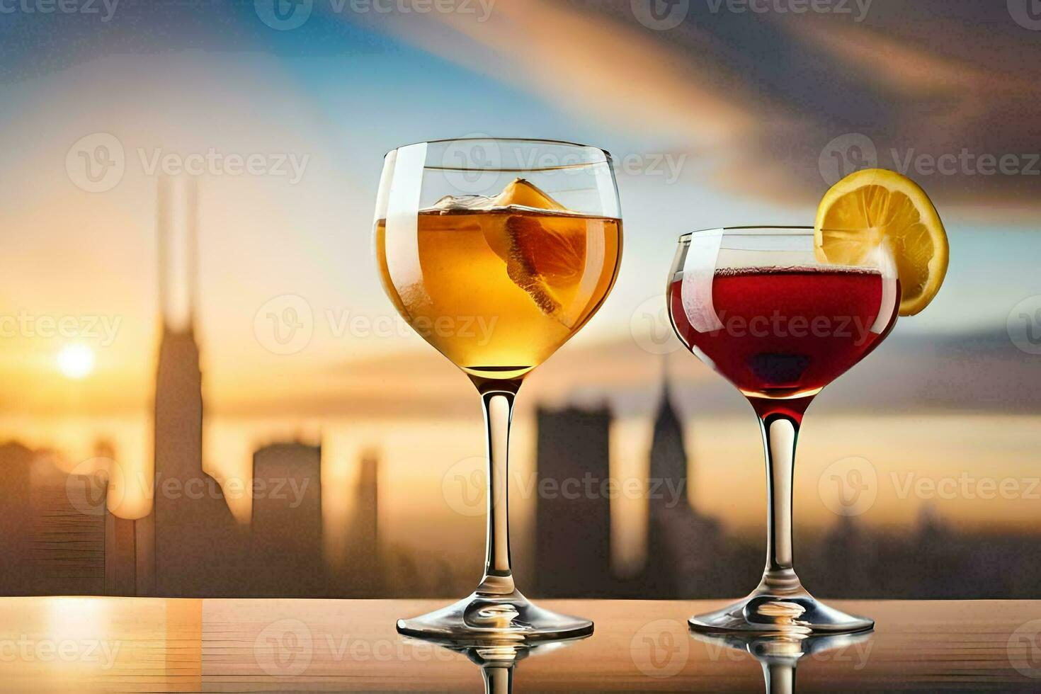 two glasses of wine with a sunset in the background. AI-Generated photo