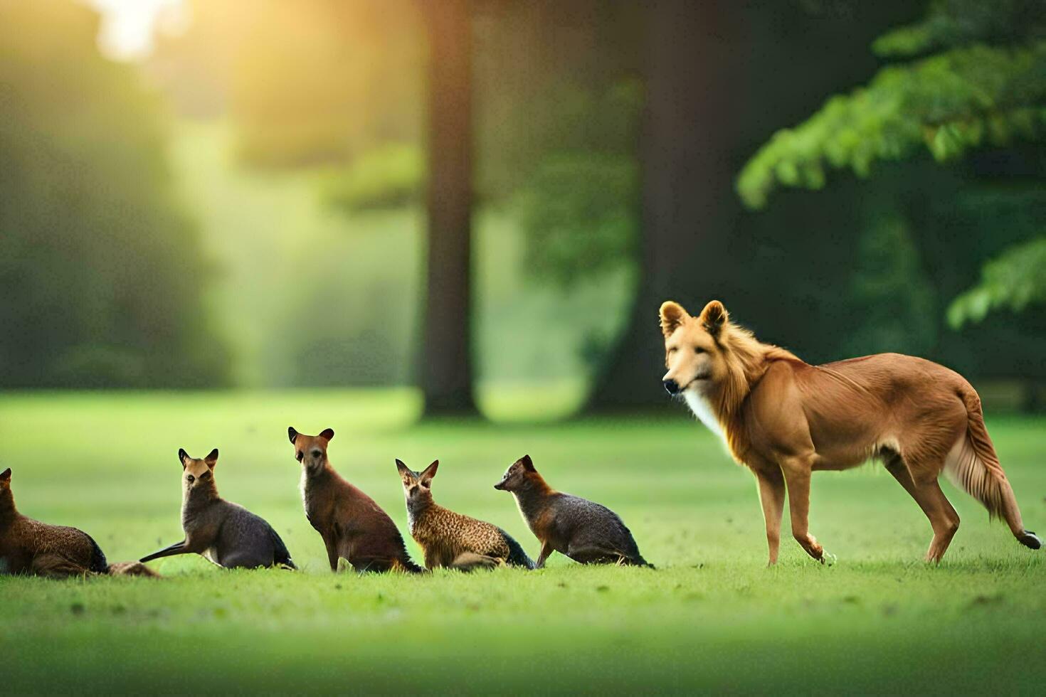 a group of foxes and a dog standing in the grass. AI-Generated photo