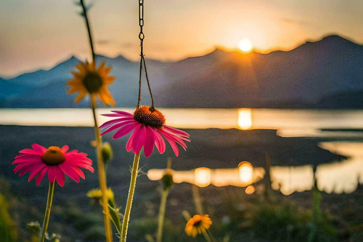 pink flowers in front of a lake and mountains. AI-Generated photo