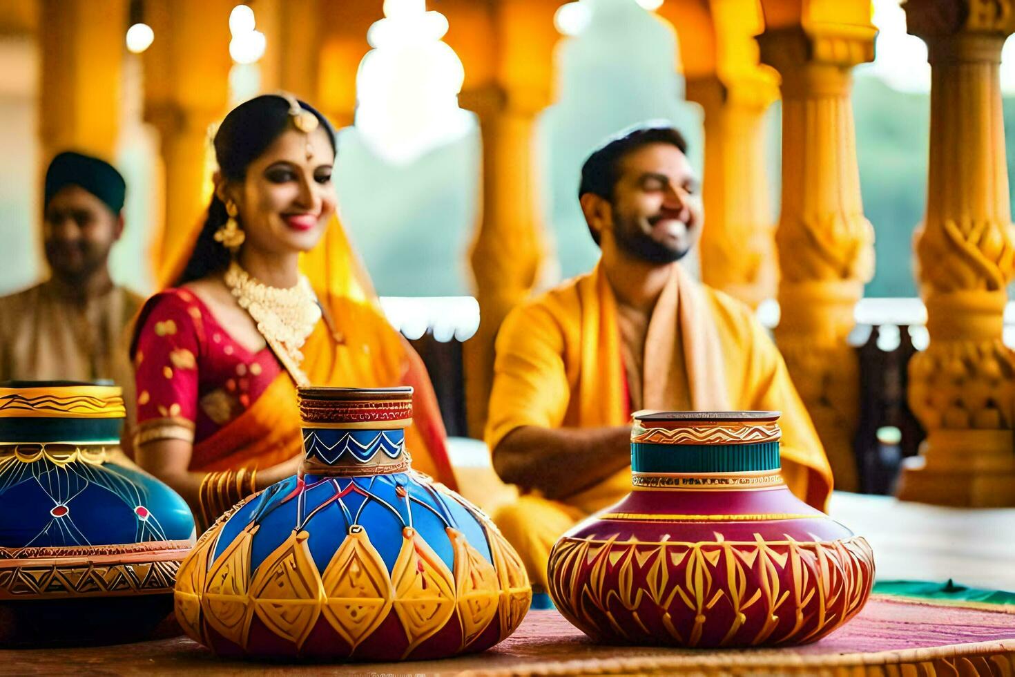 a couple in indian attire sitting in front of colorful vases. AI-Generated photo
