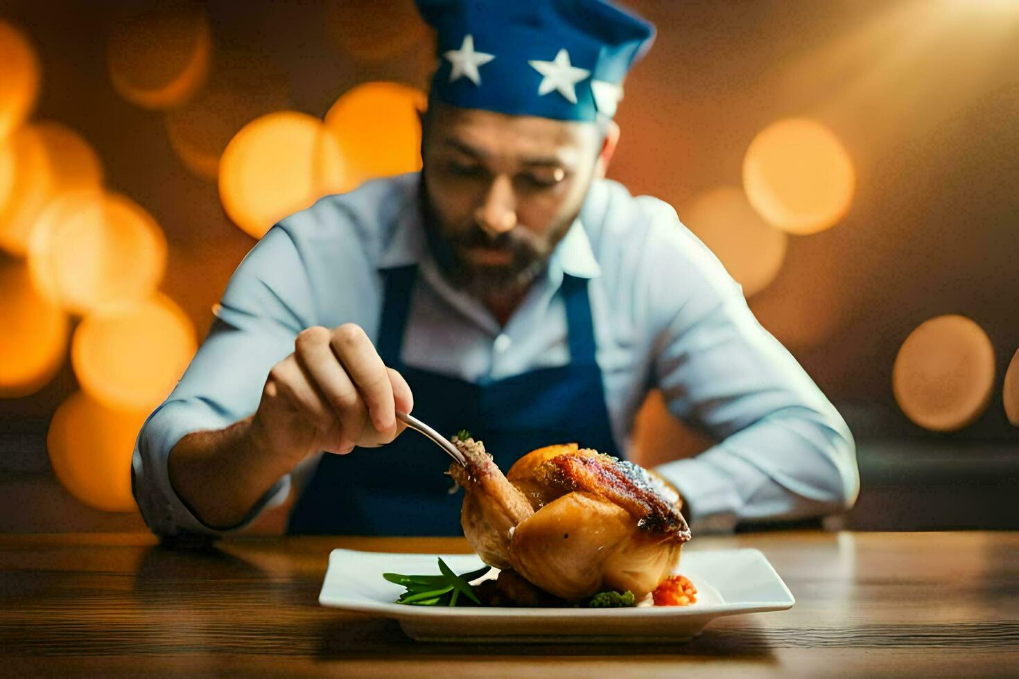 a man in an apron is preparing a chicken on a plate. AI-Generated photo