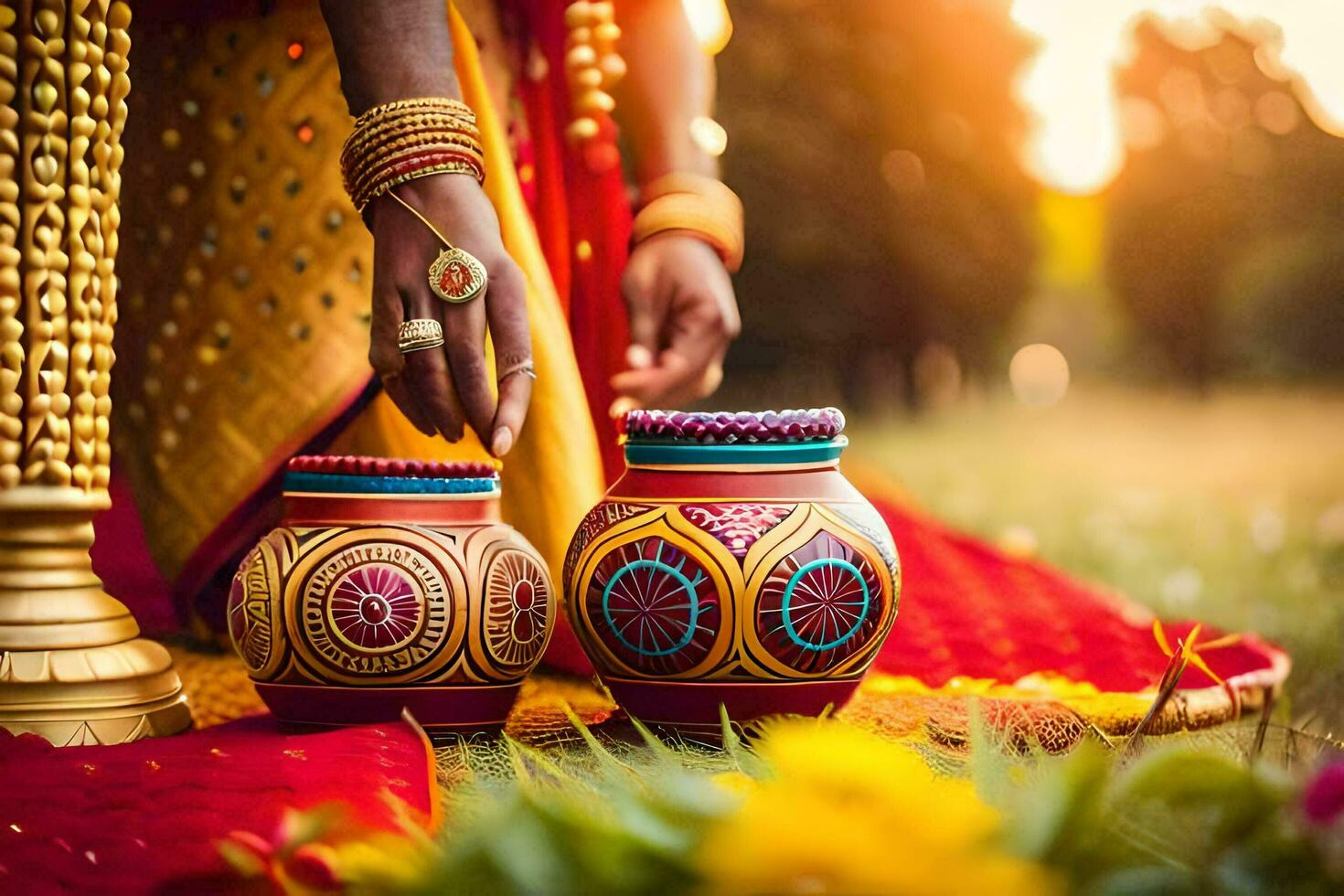 a woman in traditional indian dress is holding two pots. AI-Generated photo