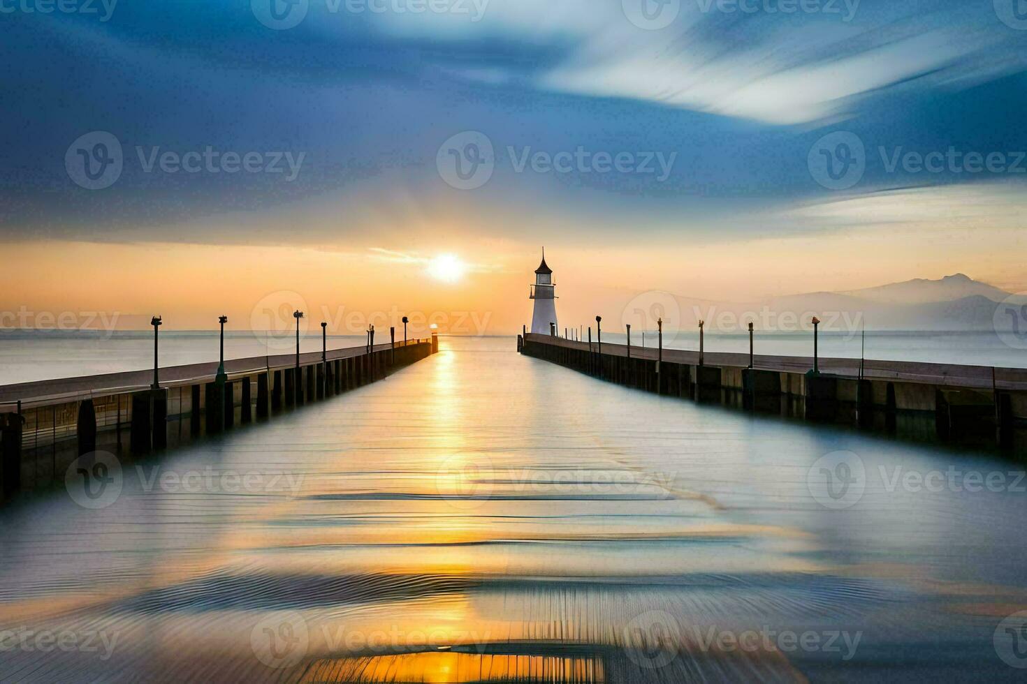 a lighthouse is seen in the distance at sunset. AI-Generated photo