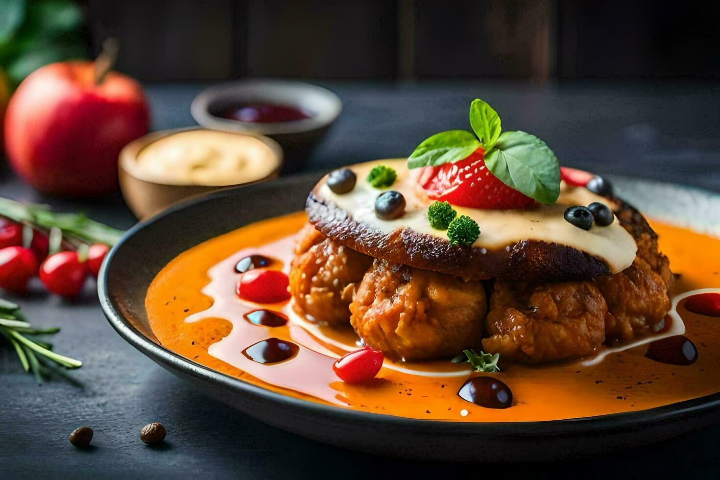 a plate with a meatball covered in sauce. AI-Generated photo