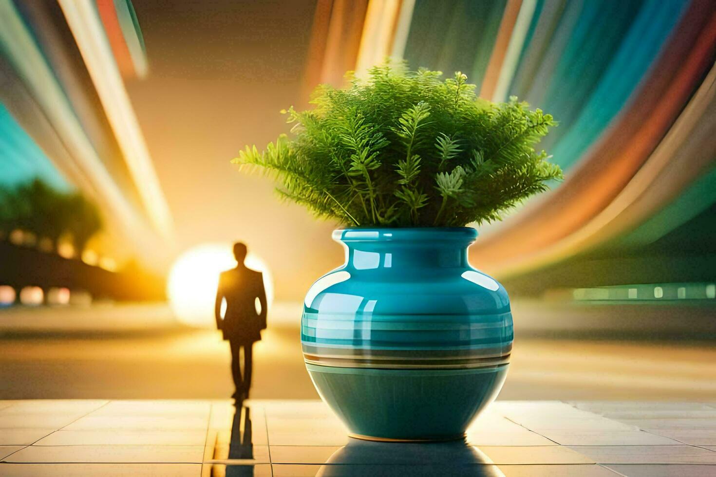 a man is walking in front of a vase with plants. AI-Generated photo