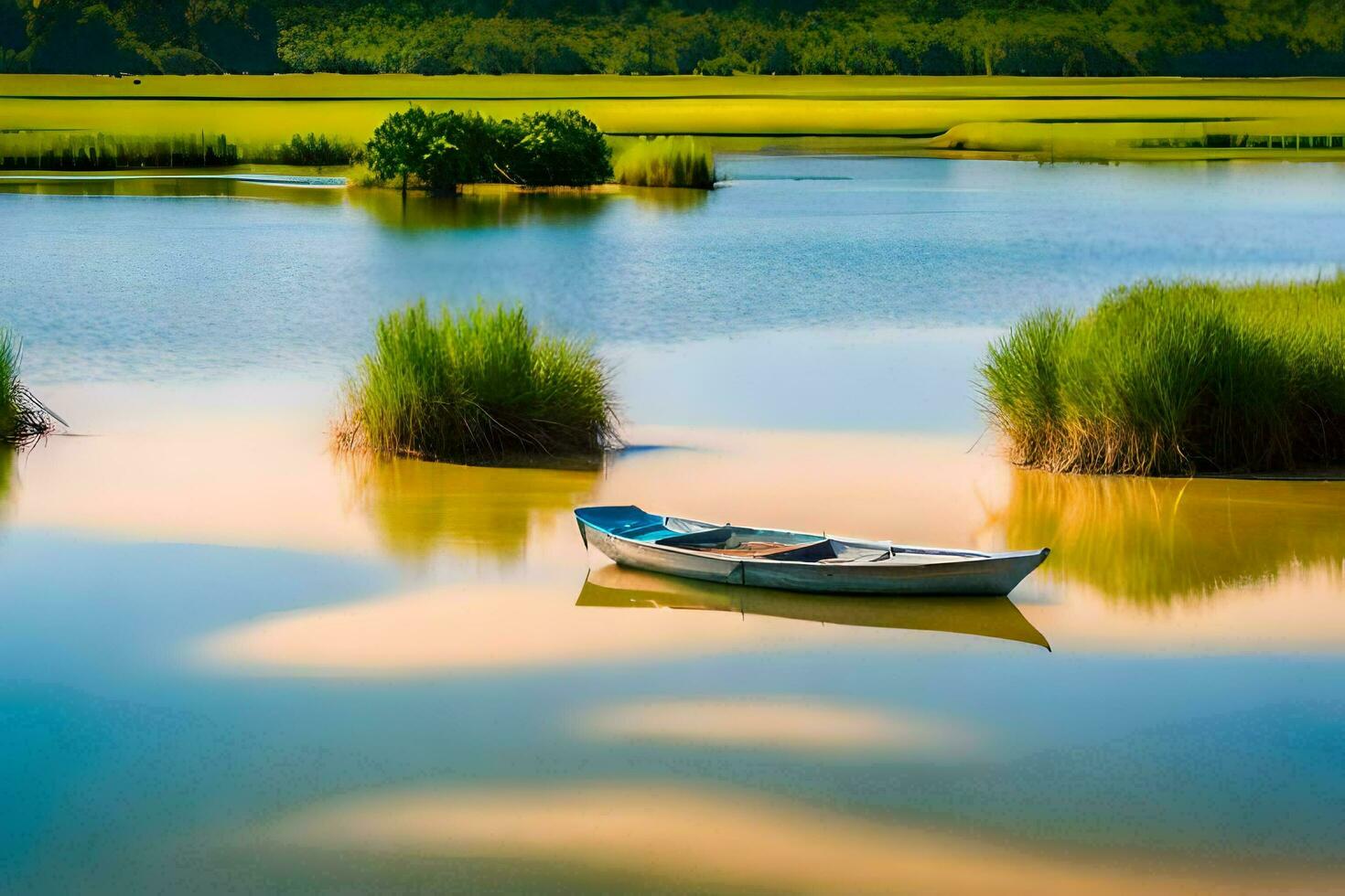 a boat is floating in the water near a marsh. AI-Generated photo