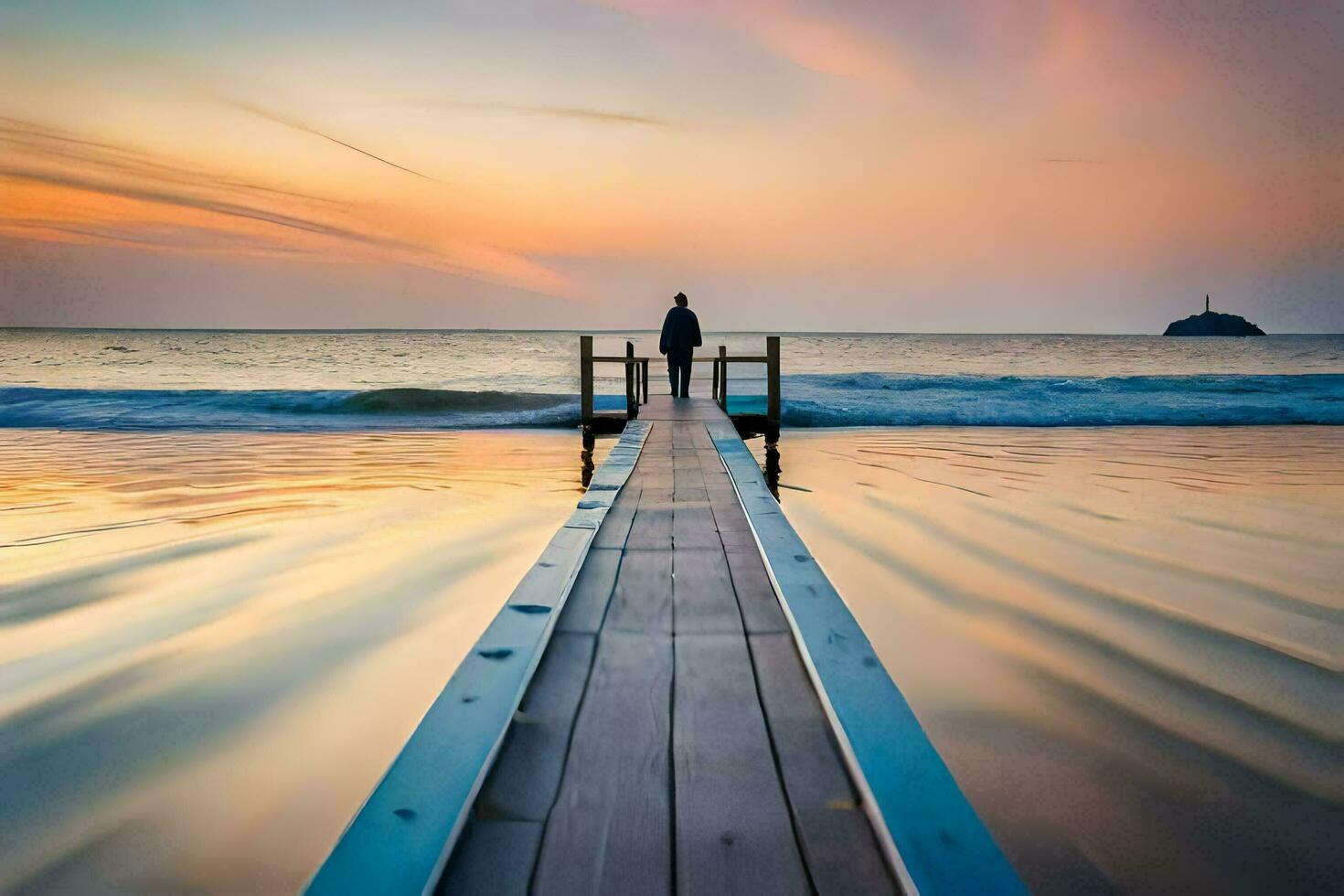 a man standing on a pier at sunset. AI-Generated photo