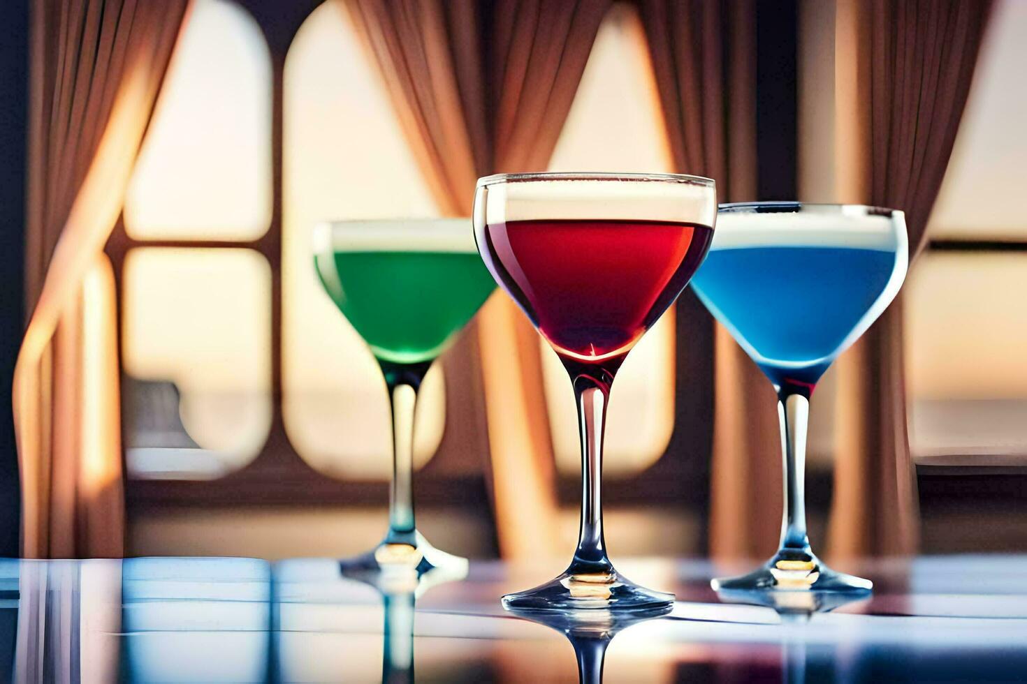 three glasses of colored drinks on a table. AI-Generated photo