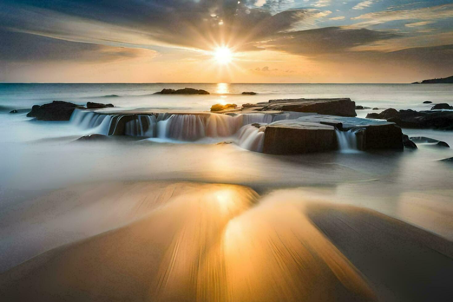 the sun rises over the ocean and rocks at the beach. AI-Generated photo