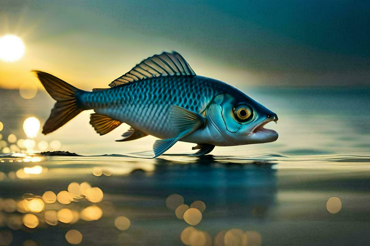 a fish is walking on the beach at sunset. AI-Generated photo