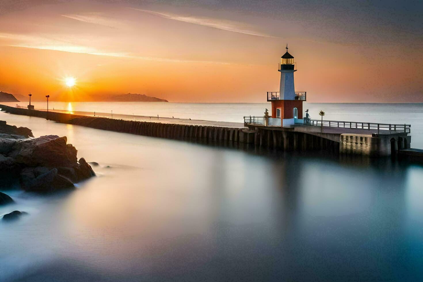 a lighthouse at sunset on a pier. AI-Generated photo