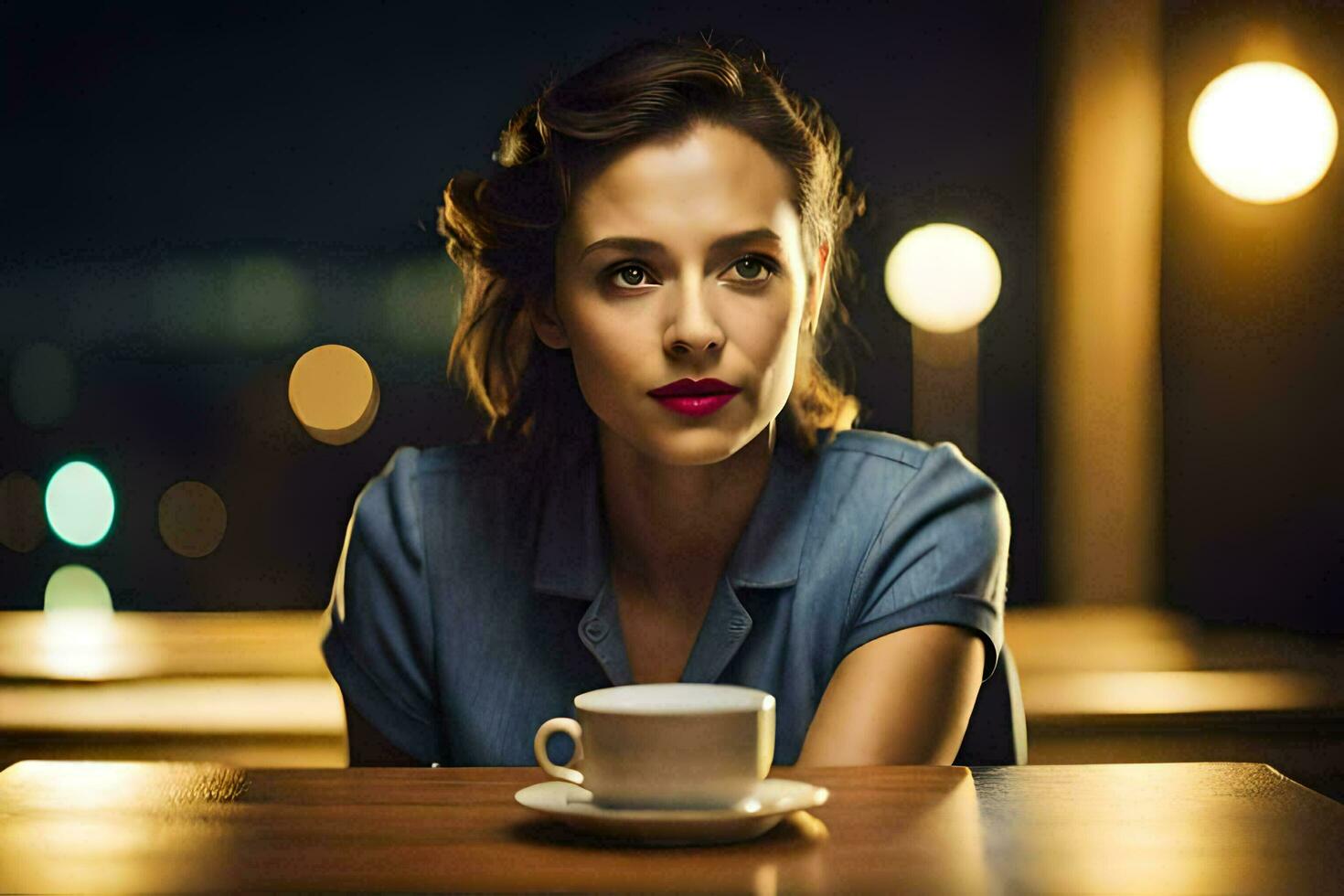 a woman sitting at a table with a cup of coffee. AI-Generated photo