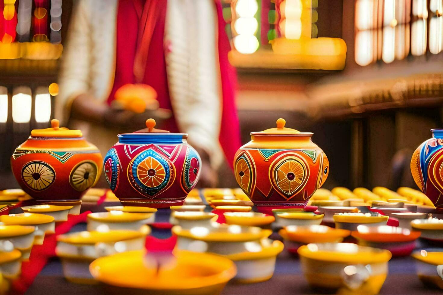 colorful pots and bowls on a table with a person in red. AI-Generated photo
