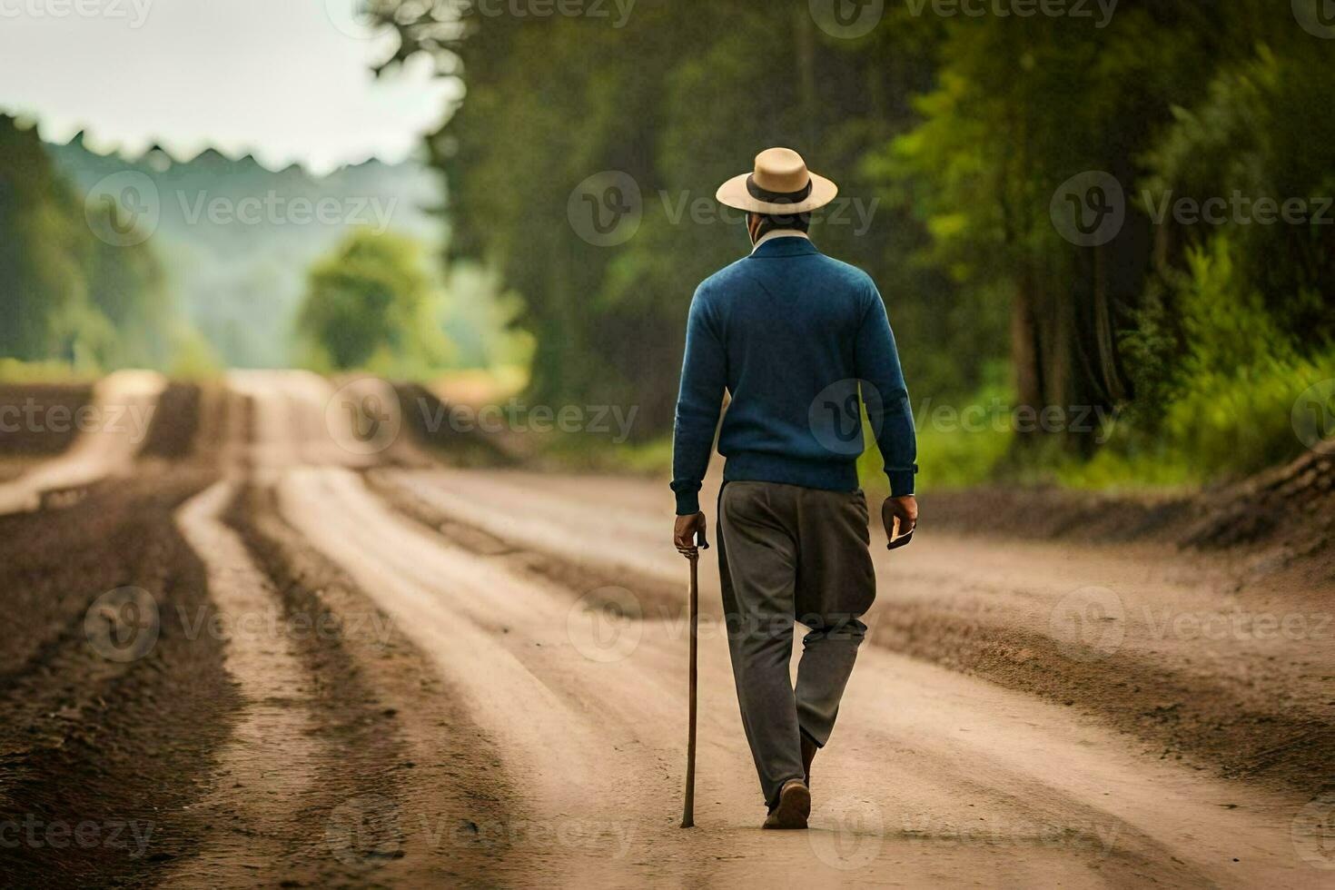 a man walking down a dirt road with a cane. AI-Generated photo