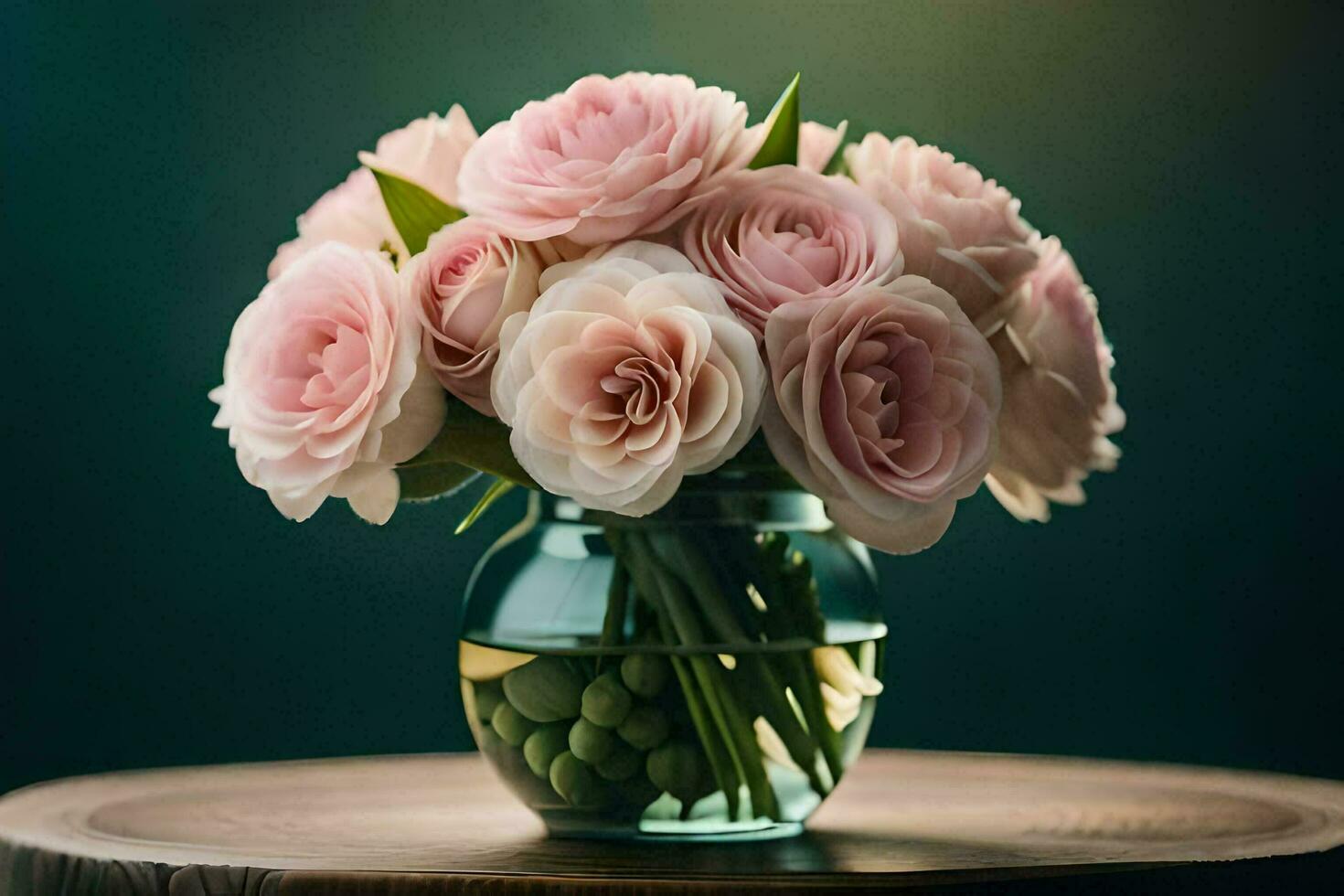 pink roses in a vase on a table. AI-Generated photo