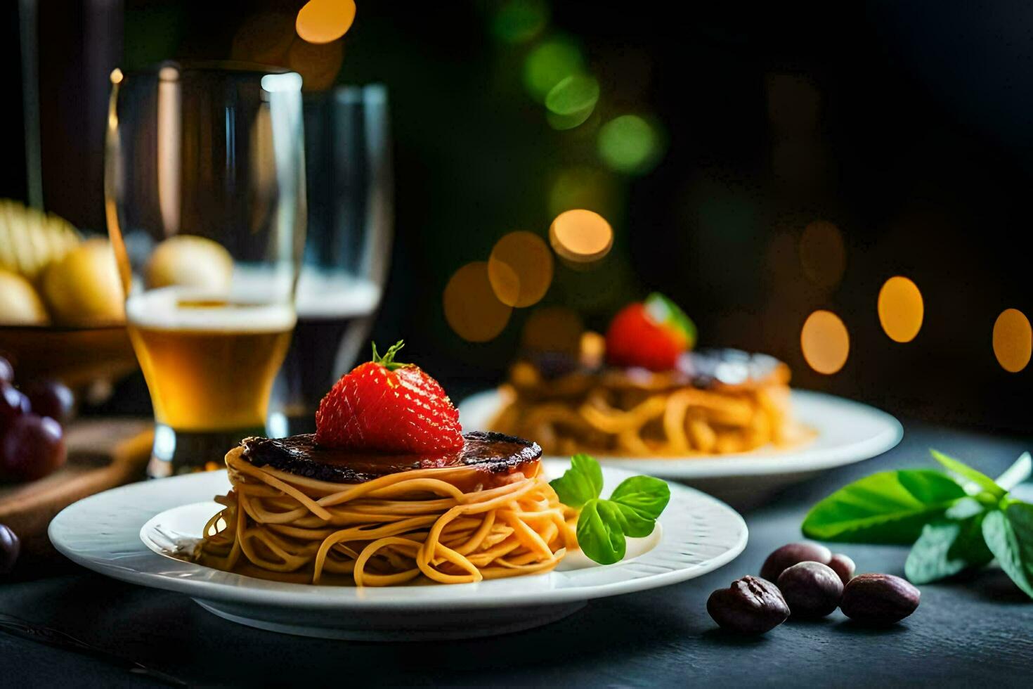 spaghetti with tomato sauce and strawberries on a plate. AI-Generated photo
