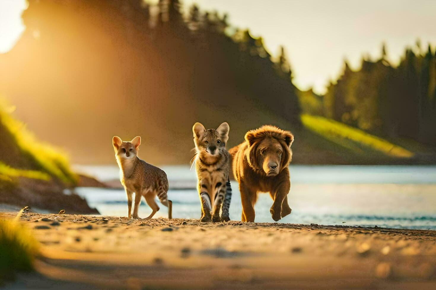three animals walking along the shore of a lake. AI-Generated photo