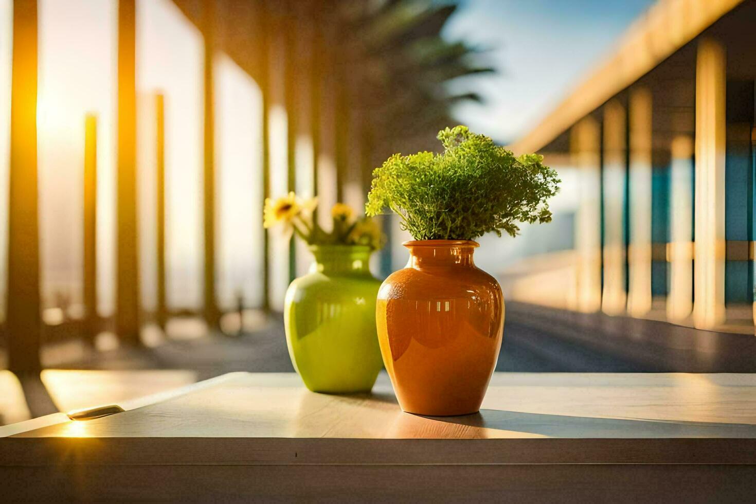 two vases with flowers on a table in front of a building. AI-Generated photo