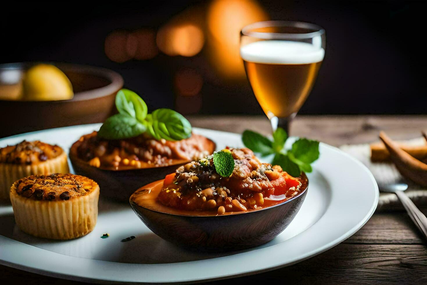 a plate with food and a glass of beer. AI-Generated photo