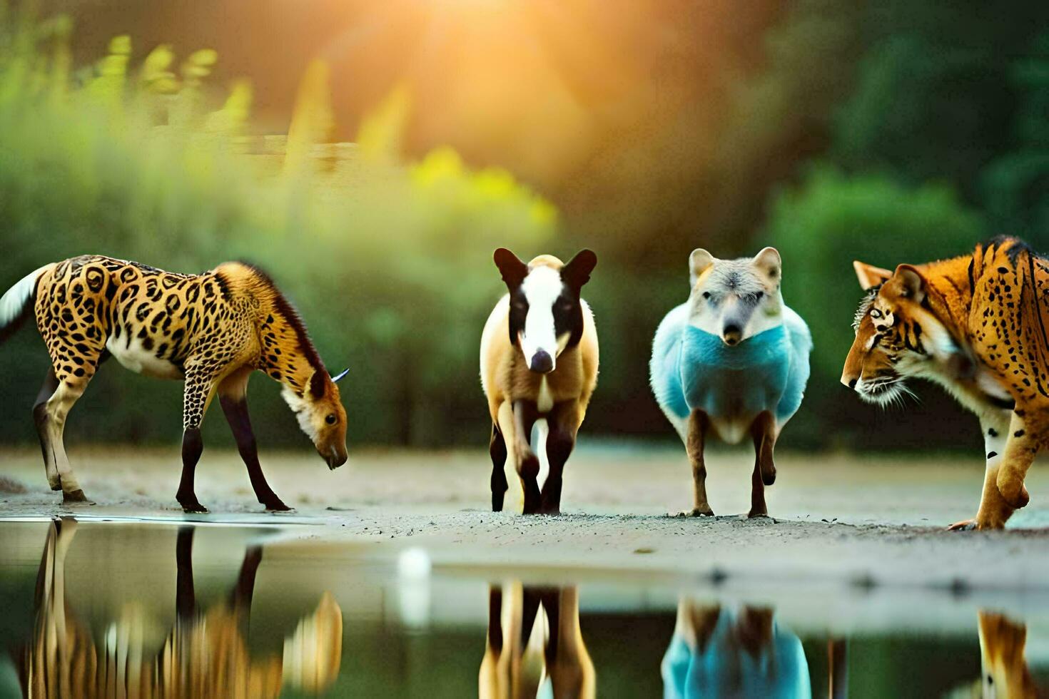 animals in a forest with water and a reflection. AI-Generated photo