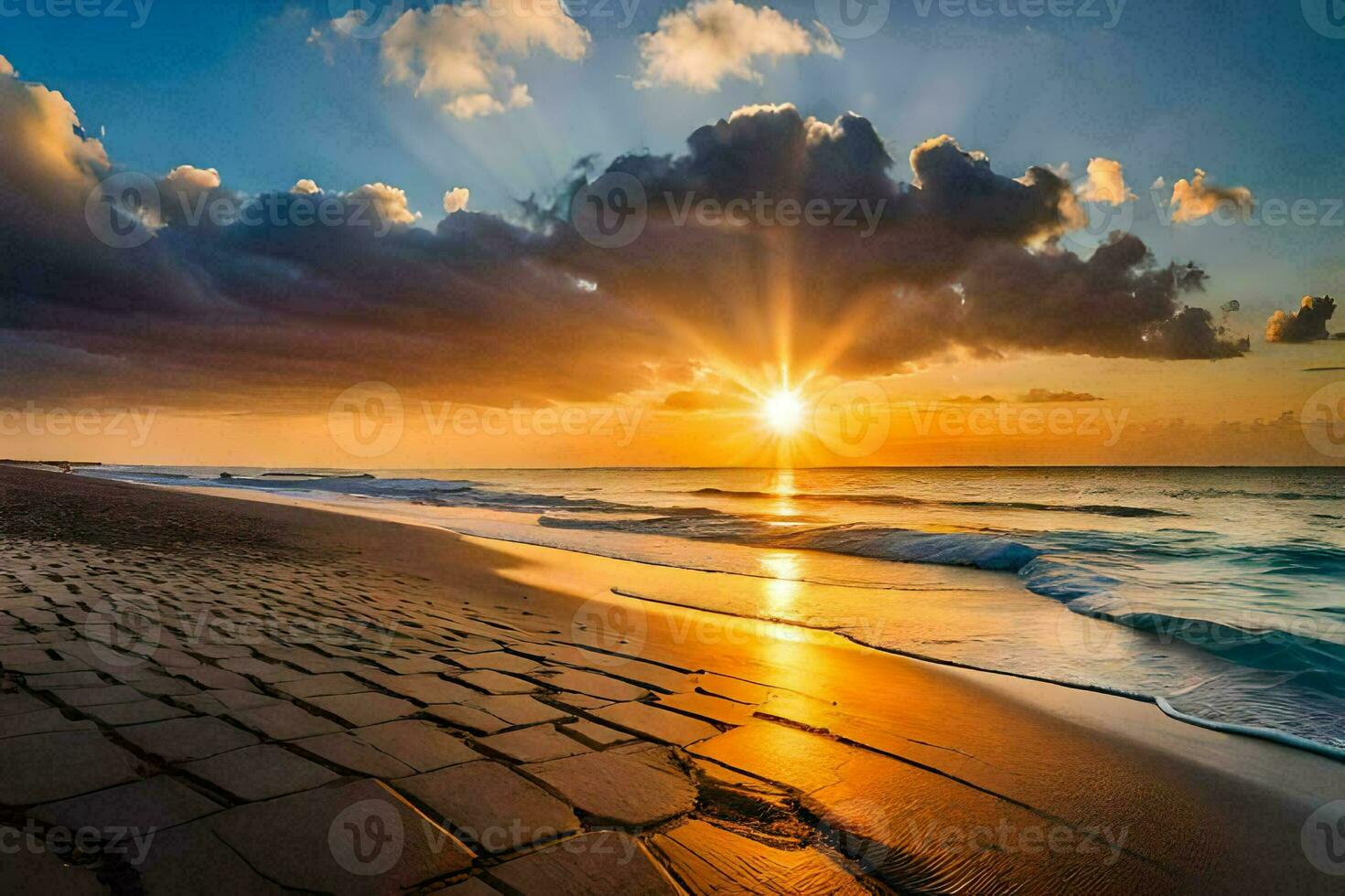 the sun rises over the ocean and the sky is filled with clouds. AI-Generated photo