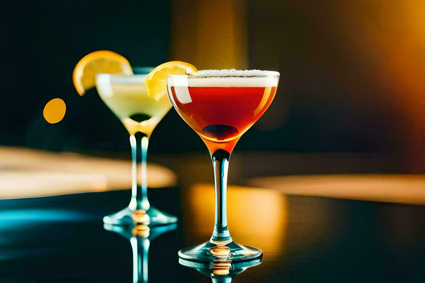 two cocktails on a table with a light behind them. AI-Generated photo