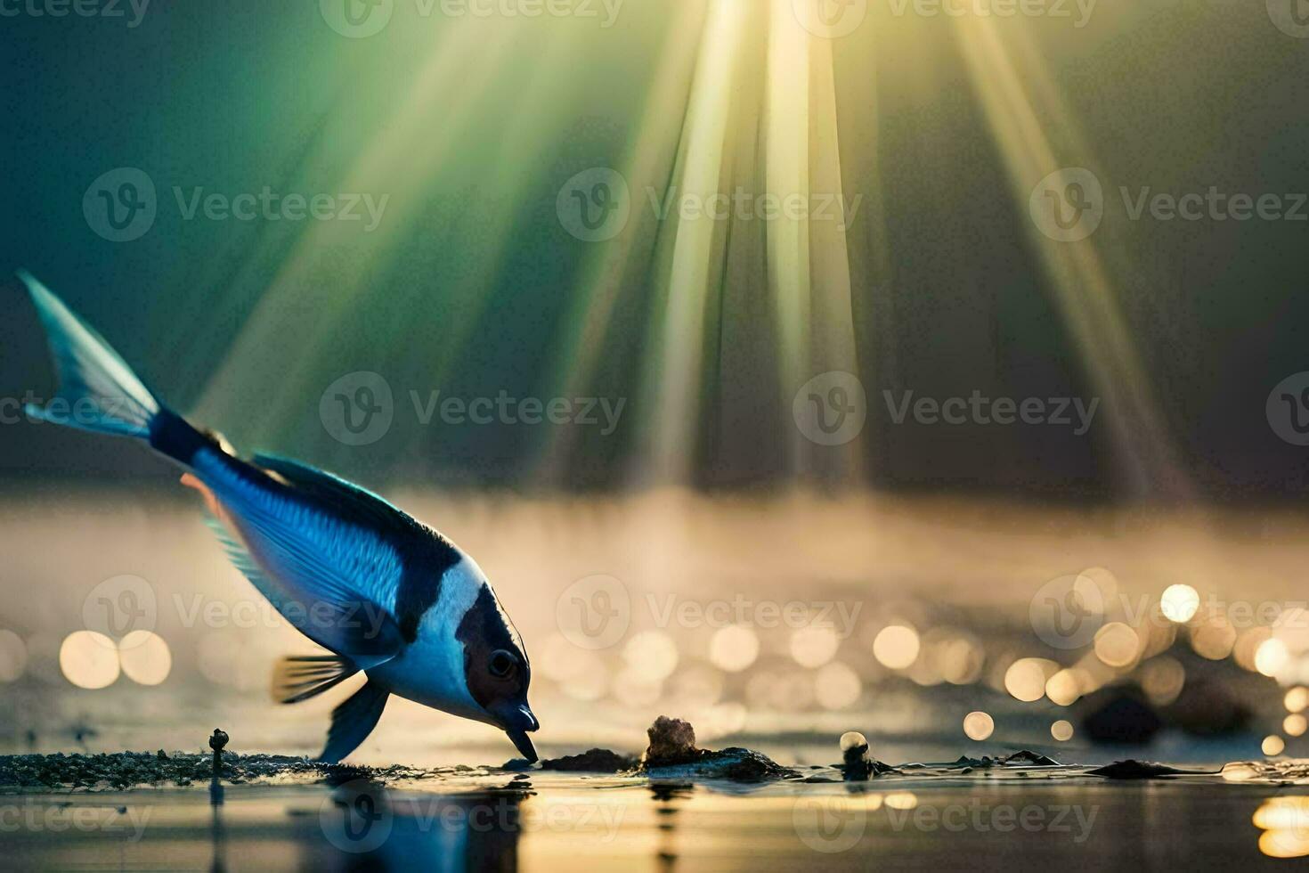 a fish is standing on the beach with sunlight shining on it. AI-Generated photo