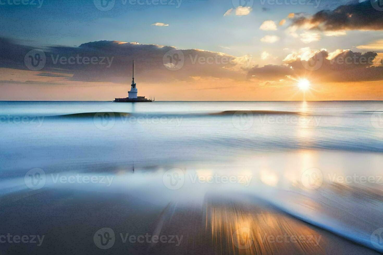a lighthouse in the distance at sunset. AI-Generated photo
