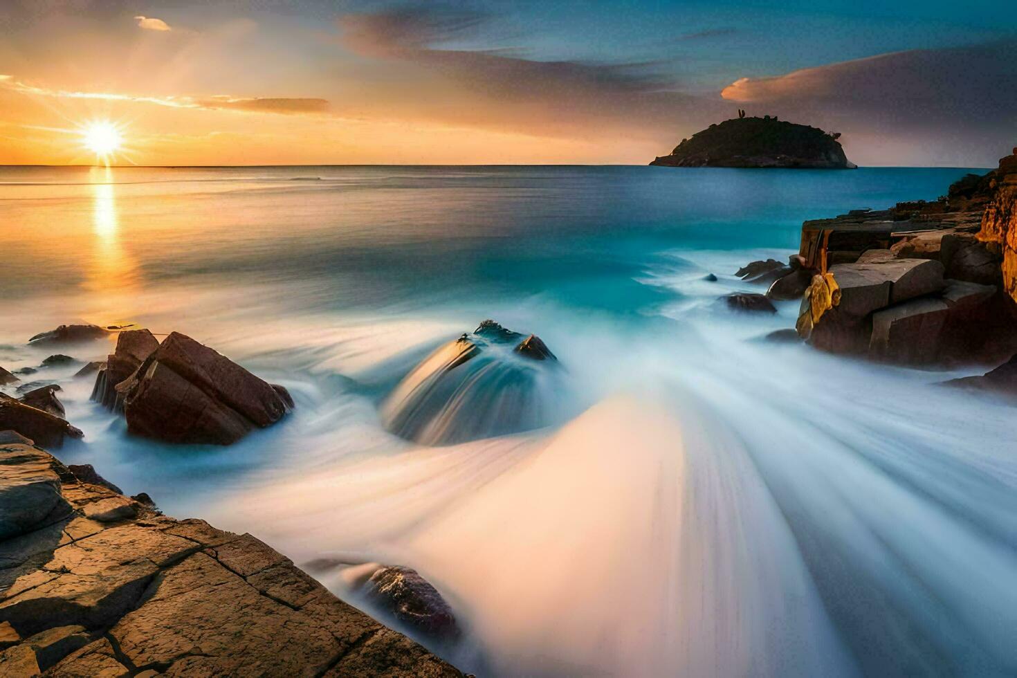 a beautiful sunset over the ocean with waves crashing against rocks. AI-Generated photo
